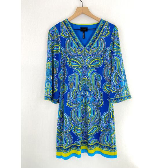 Laundry by Shelli Segal Paisley Blue Green Above Knee Peacock Shift Dress Small - Picture 1 of 8